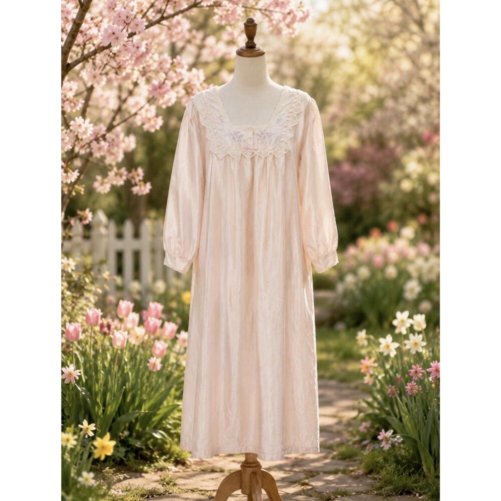 Barbizon Vintage Nightgown Small Pink Satin Embroidered Buttons Long Pullover 2X